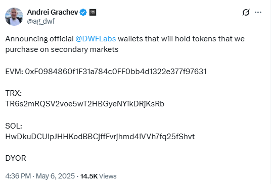 DWF Labs公布在二级市场购入代币使用的钱包地址