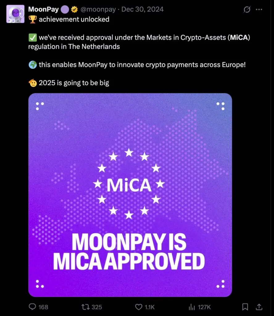 MoonPay 获荷兰 MiCA 合规批准